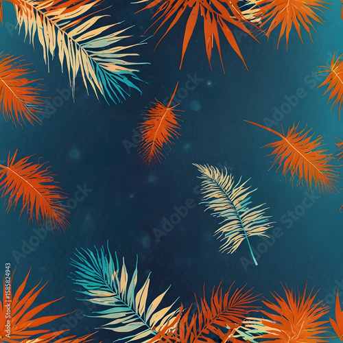 Colorful Palm Leaves Floating on Blue Background in Tropical Style