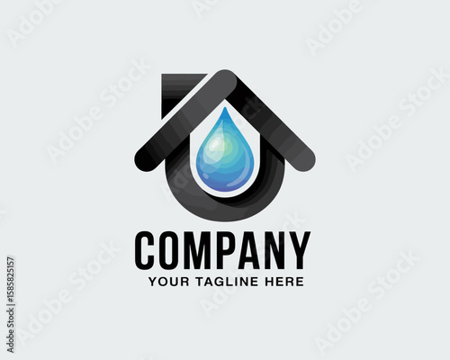 A sleek and modern logo featuring a water drop within a house shape, implying reliability and freshness, ideal for businesses in real estate or plumbing services.
