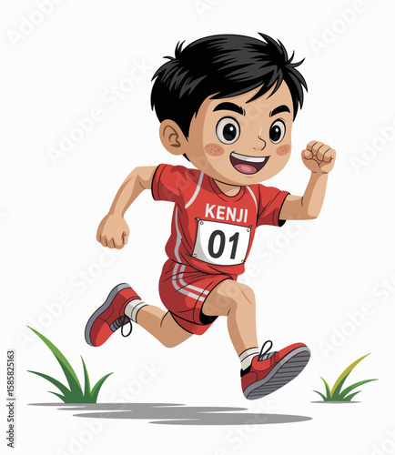 A dynamic illustration of a young boy sprinting energetically in his red sports outfit, showcasing vitality, enthusiasm, and the excitement of children's sports and activities.