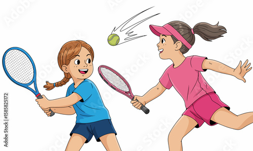 A vibrant illustration of two girls joyfully playing tennis, showcasing the thrill of sports and friendship, perfect for youth-focused content and promoting active lifestyles.