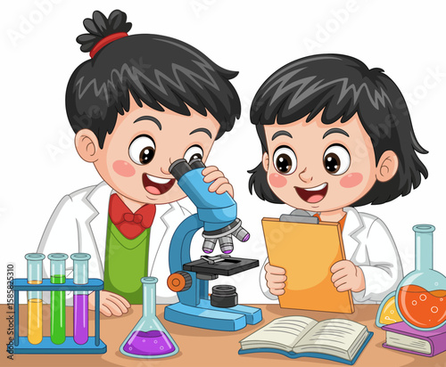 Two enthusiastic young children dressed in lab coats are working together at a science table, using a microscope and various colorful chemistry tools, fostering curiosity and exploration.