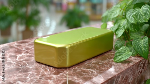Shiny lime green rectangular object sits on marble surface next to green foliage