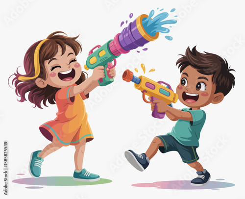 Two joyful children engaged in a fun water gun fight, capturing a moment of playful summer excitement and laughter, embodying childhood joy.