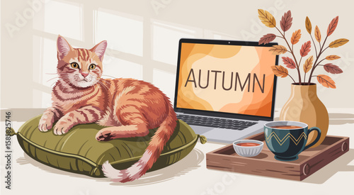 A cute ginger cat lounging beside a laptop displaying an autumn theme, creating a warm and cozy atmosphere perfect for fall lovers and pet enthusiasts.