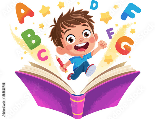 A vibrant illustration of a joyful child jumping from an open storybook filled with colorful letters and stars, embodying the excitement of learning and creativity.