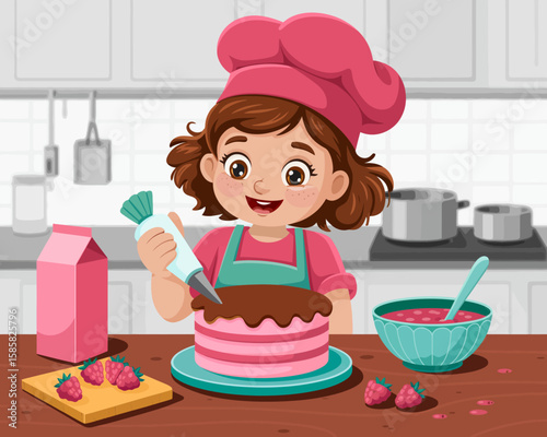 A cheerful young baker creates a beautiful pink cake, applying icing and joyous energy. The kitchen is filled with vibrant colors and baking essentials.