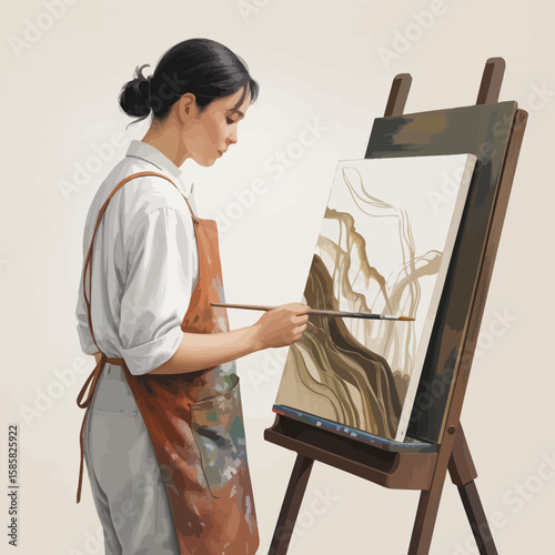 A focused female artist is carefully painting an abstract art piece on a canvas, showcasing creativity and passion for visual expression through artistic techniques.