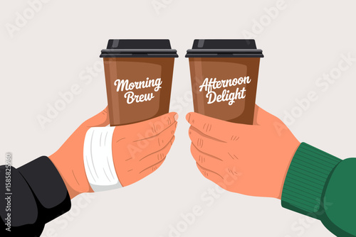 Two coffee cups labeled 'Morning Brew' and 'Afternoon Delight', symbolizing daily routines and the enjoyment of coffee, representing comforting moments and shared experiences.