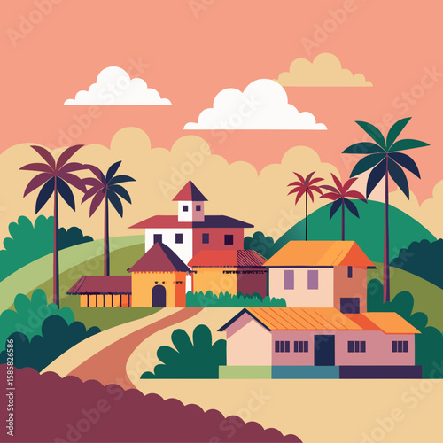 Minimalist Sri Lankan Village Scene Vector – Line Art Style with Pastel Background