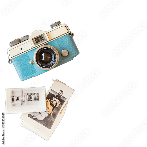 A vintage-style light-blue and white camera floats above two black and white photos, evoking nostalgia and memories