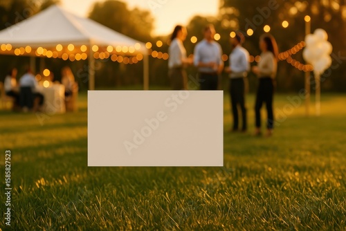 Blank card in grassy lawn wedding reception with marquee tent festive atmosphere bokeh lights elegant outdoor evening event invitation design warm tones summer celebration concept