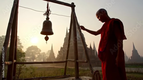 Buddhist monk ringing a bell at sunrise, ancient temples in the background