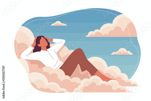A serene illustration of a woman relaxing among soft clouds, embodying tranquility and peace. The fluffy clouds highlight a calm blue sky, evoking dreams.
