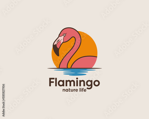 This image showcases a beautifully illustrated flamingo, highlighting its graceful neck and vibrant pink feathers, set against a warm orange sunset backdrop.