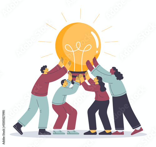 A group of diverse people collaboratively lifting a glowing light bulb, representing teamwork and creativity. This image inspires innovation and collective achievement.