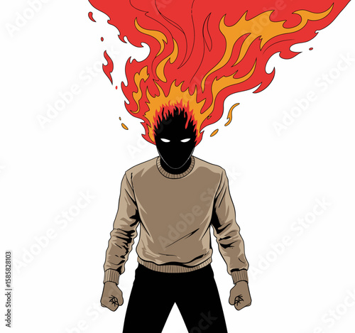 An intense illustration of a character with flames bursting from its head, capturing the essence of power, anger, and transformation.