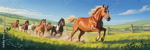 This stunning illustration captures a herd of horses running joyfully across lush meadows, embodying freedom, beauty, and the spirit of nature in a picturesque serene landscape.