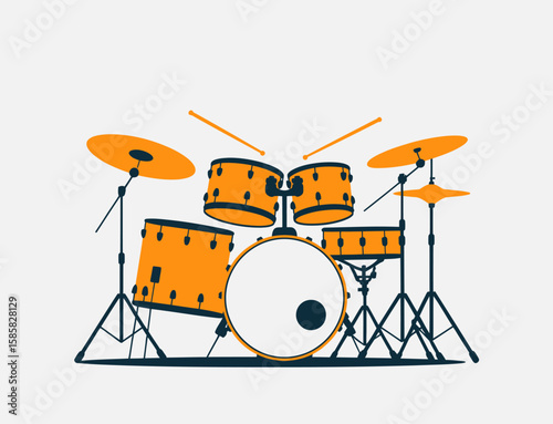 This vibrant illustration of a drum set in bold oranges and blacks showcases the excitement of music, appealing to both musicians and fans of vibrant artistic creativity in rhythm.