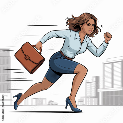 A dynamic illustration of a businesswoman in a hurry, briefcase in hand, representing ambition, perseverance, and the modern professional's fast-paced lifestyle.