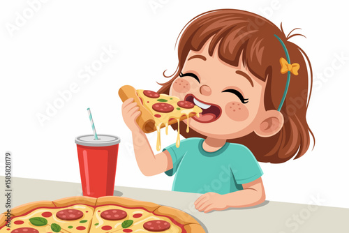 A cheerful little girl is delightfully biting into a pizza slice with pepperoni. She has a drink beside her, showcasing the joy of enjoying a tasty meal with friends.
