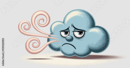 This whimsical illustration portrays a sad cloud, complete with a frown and blowing wind, capturing emotions related to weather and human feelings in a fun, cartoonish style.