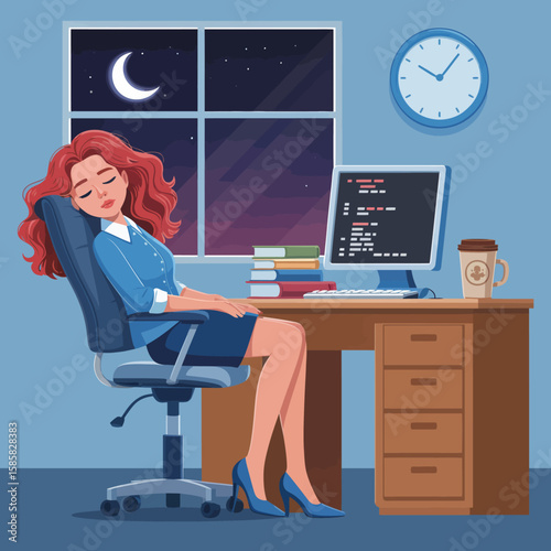 A relatable illustration of a woman peacefully dozing off at her office desk, depicting the challenges of work-life balance and fatigue.