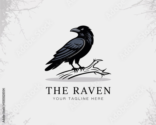 This logo features a stylized raven perched elegantly on a branch, perfect for brands looking to evoke themes of mystery, intelligence, and nature in their identity.
