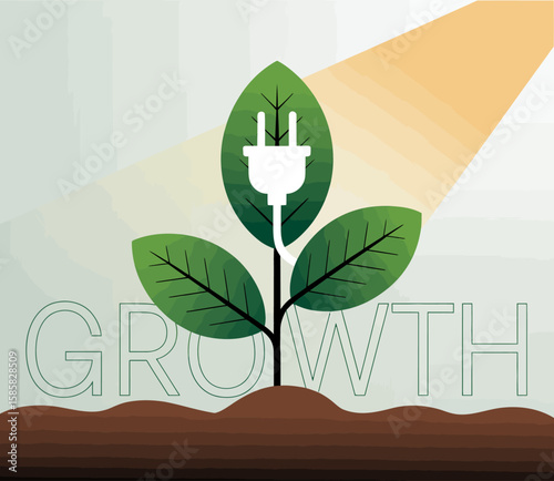 A vibrant green plant sprouts from the soil, with an electric plug integrated into its design, symbolizing growth, sustainability, and the harmony between nature and technology.