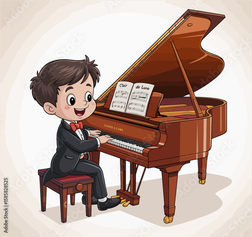 A happy young boy in a suit joyfully playing a grand piano, capturing the essence of childhood passion for music and creativity.