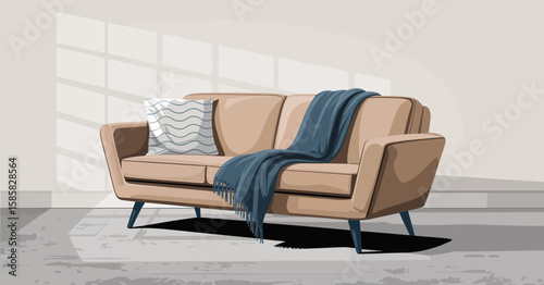 A stylish minimalist sofa draped with a cozy blanket, set in a bright room with a soft ambiance. This design evokes comfort and relaxation in modern living spaces.