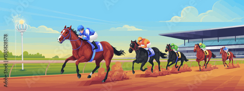 A thrilling horse racing scene captures the excitement and adrenaline of the race, showcasing the speed and determination of both horses and jockeys in action.