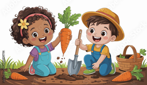 This delightful illustration shows two cheerful children digging and planting carrots in a garden, representing joy, teamwork, and the importance of nurturing nature and healthy habits.