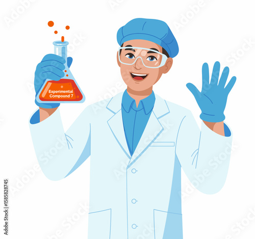 An engaging cartoon of a scientist in a lab coat presenting a flask, conveying excitement for scientific discovery and creativity in research and experimentation.