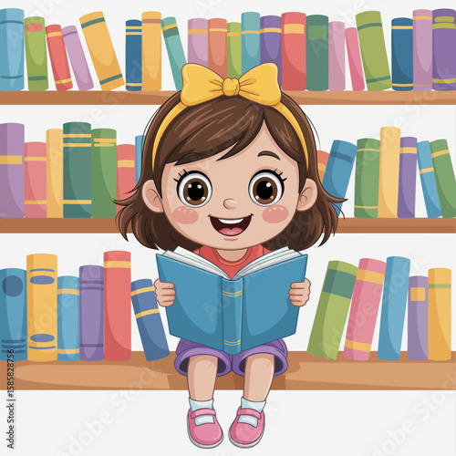 A joyful young girl with a big smile, sitting among colorful bookshelves, fully engaged in reading, representing the joy of learning and imagination.