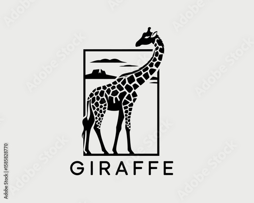 A striking minimalist logo of a giraffe, designed to symbolize grace and uniqueness in branding, perfect for businesses focusing on wildlife, nature or children's products.