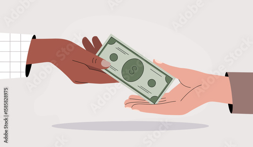 This minimalist illustration shows hands exchanging cash, symbolizing financial transaction dealings, exchanges, and the importance of communication in everyday life.