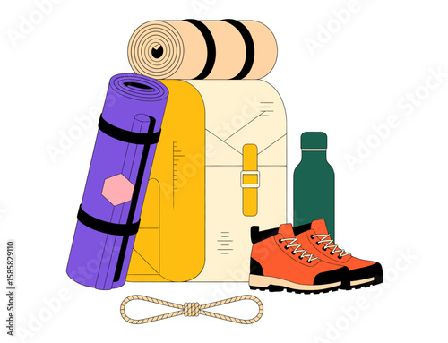 A collection of vibrant outdoor gear, including a backpack, sleeping mat, water bottle, and hiking boots, representing the spirit of adventure and exploration in nature.