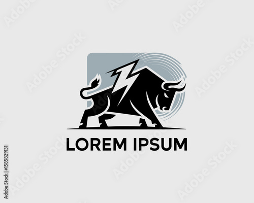 This logo features a powerful bull silhouette combined with a lightning bolt, portraying strength, dynamic energy, and modernity, ideal for branding and marketing.