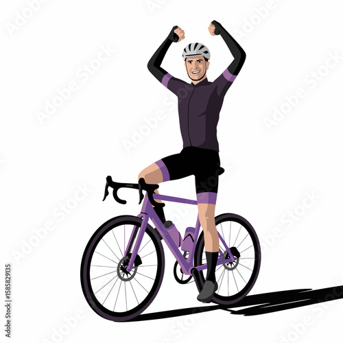 A joyful cyclist raises their arms in celebration atop a purple bicycle, showcasing a triumphant spirit and love for cycling in a dynamic, colorful illustration.