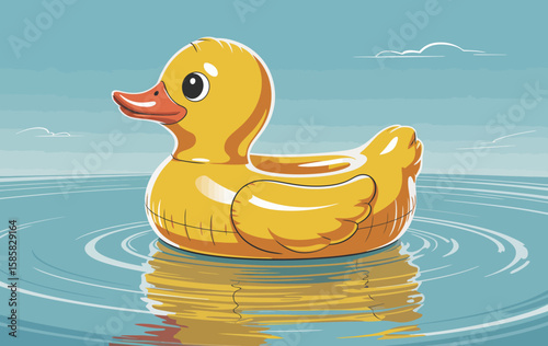 A delightful inflatable yellow duck bobbing gently on the serene surface of the water, reflecting the bright sky, embodying fun and relaxation on sunny days.
