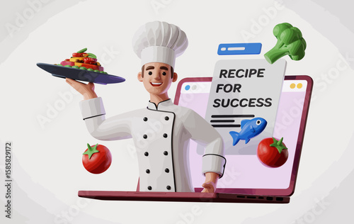 A skilled chef, proudly presenting a delicious dish and recipe on a computer screen, embodies culinary passion and creativity in a vibrant, engaging digital format.