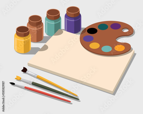 An artistic array of paint bottles, brushes, and a palette set against a blank canvas, inspiring creativity and artistic expression, ideal for art-related themes and projects.