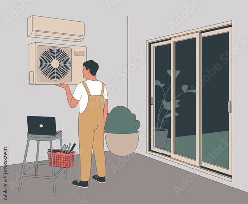 A man in a casual outfit is seen adjusting an air conditioning unit while standing inside a bright room, showcasing a modern home environment and an everyday household task.