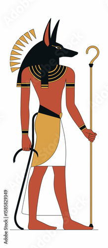 Anubis, the ancient Egyptian god of the afterlife, depicted with a jackal head and holding a scepter, symbolizing death, protection, and the journey to the beyond.
