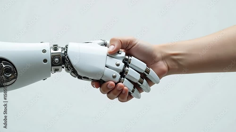 A close up of a human hand shaking a white robot hand against a plain white background in a studio shot 4k video