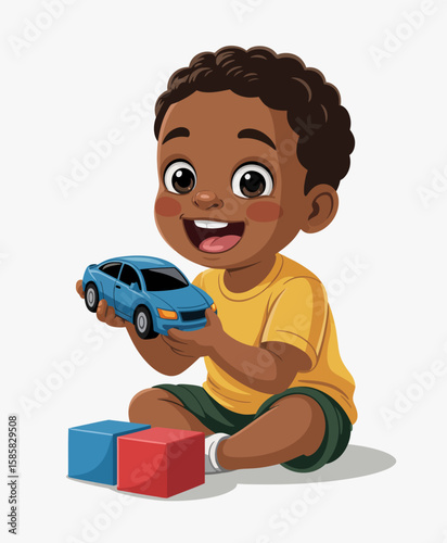 A joyful child engages with a blue toy car while sitting on the floor surrounded by colorful building blocks, exemplifying playfulness and creativity in early childhood.