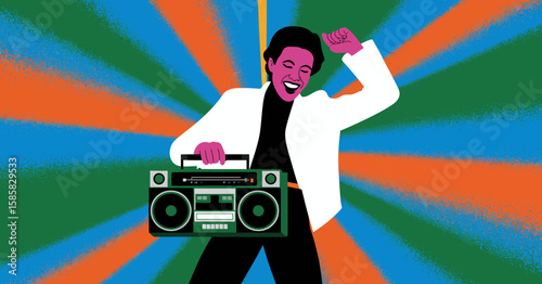 This bold and colorful illustration shows an energetic dancer joyfully expressing himself with a boombox, representing the exuberance of music, dance, and self-expression.