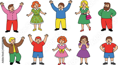 Cartoon diverse characters set, colorful outfits, happy expressions, standing poses, inclusive illustration, multicultural people, vector design, social concept, isolated graphic, family-friendly art