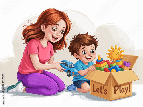 A warm illustration portraying a joyful moment where a child and a parent engage with toys and play, capturing the essence of family bonding and happiness.