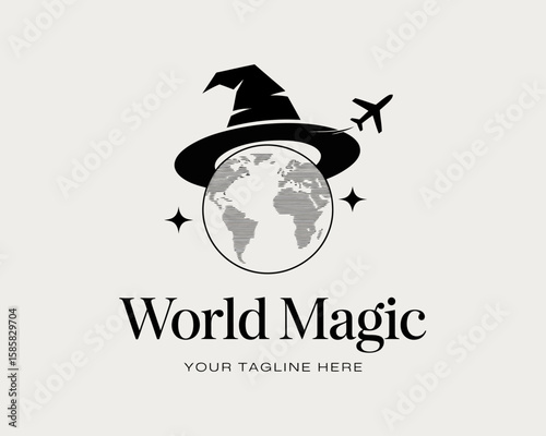 A captivating logo illustration featuring a globe encircled by a magical hat and an airplane, representing travel, fantasy, and adventure in a sleek and imaginative design.